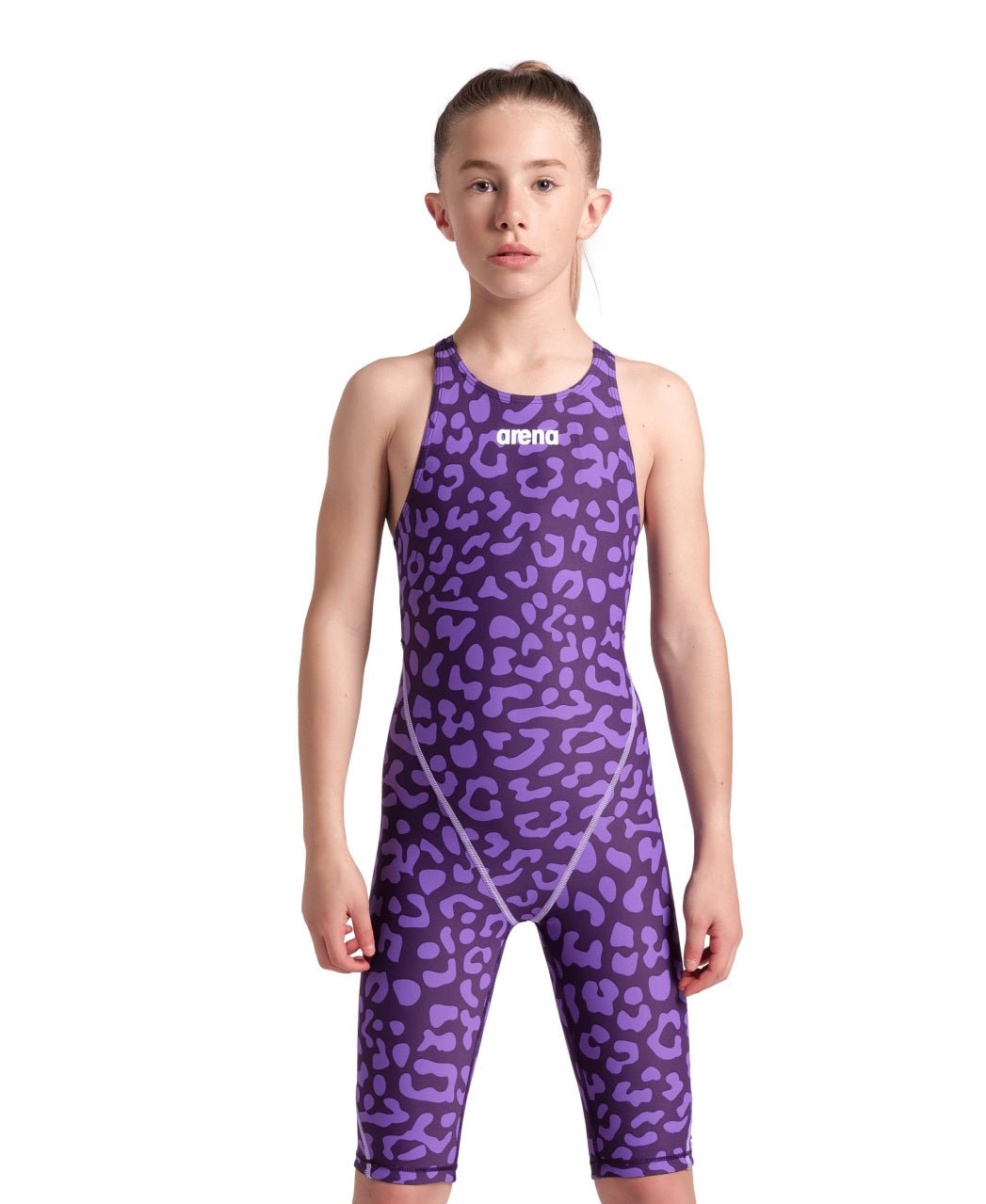 ARENA GIRLS LEOPARD SKIN VIOLET POWERSKIN ST NEXT OPEN BACK KNEESUIT - 24