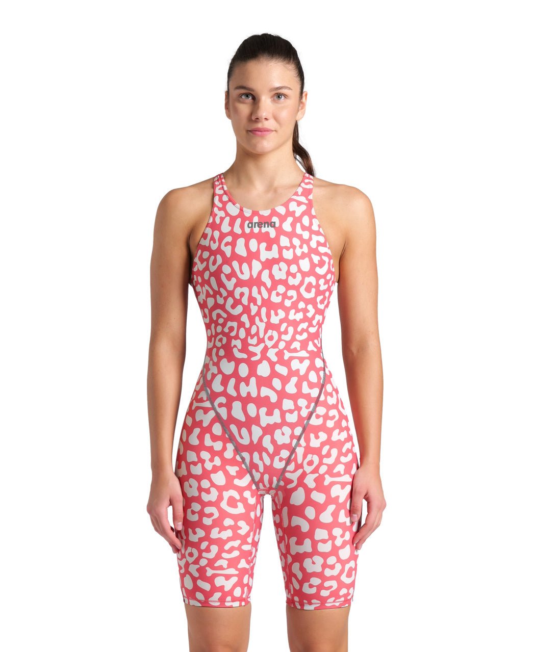 ARENA WOMENS LEOPARD SKIN GERANIUM POWERSKIN ST NEXT OPEN BACK KNEESUIT - Crimson