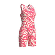 ARENA WOMENS LEOPARD SKIN GERANIUM POWERSKIN ST NEXT OPEN BACK KNEESUIT - Crimson