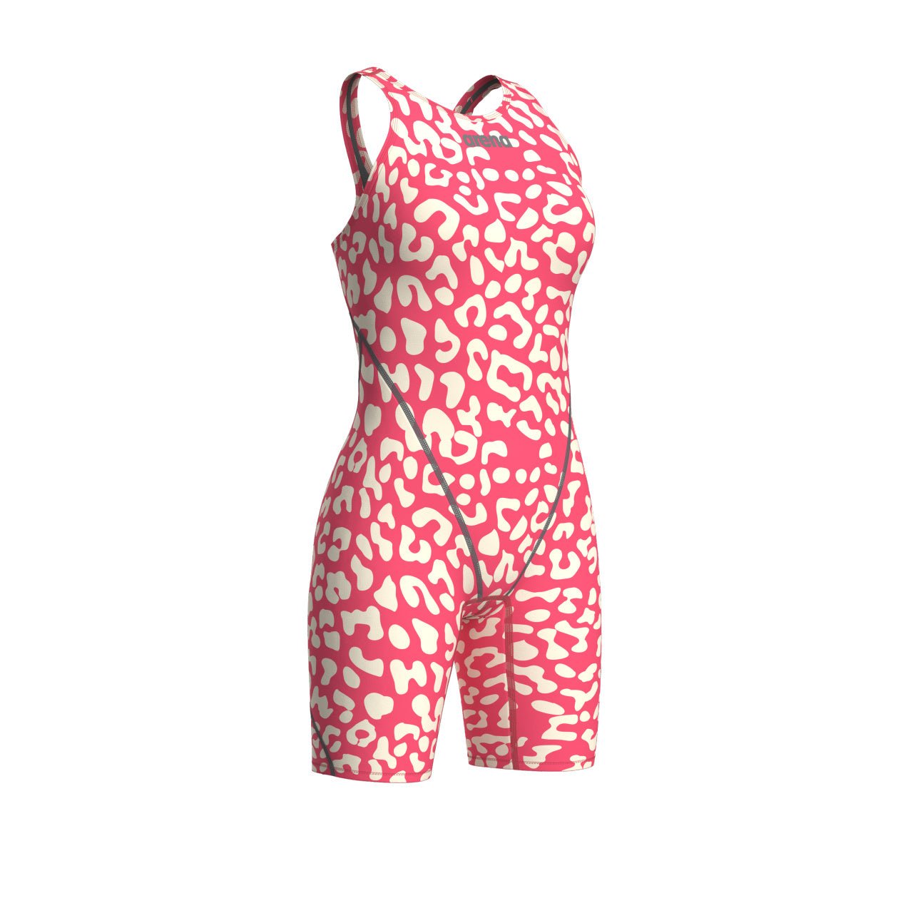 ARENA WOMENS LEOPARD SKIN GERANIUM POWERSKIN ST NEXT OPEN BACK KNEESUIT - Crimson