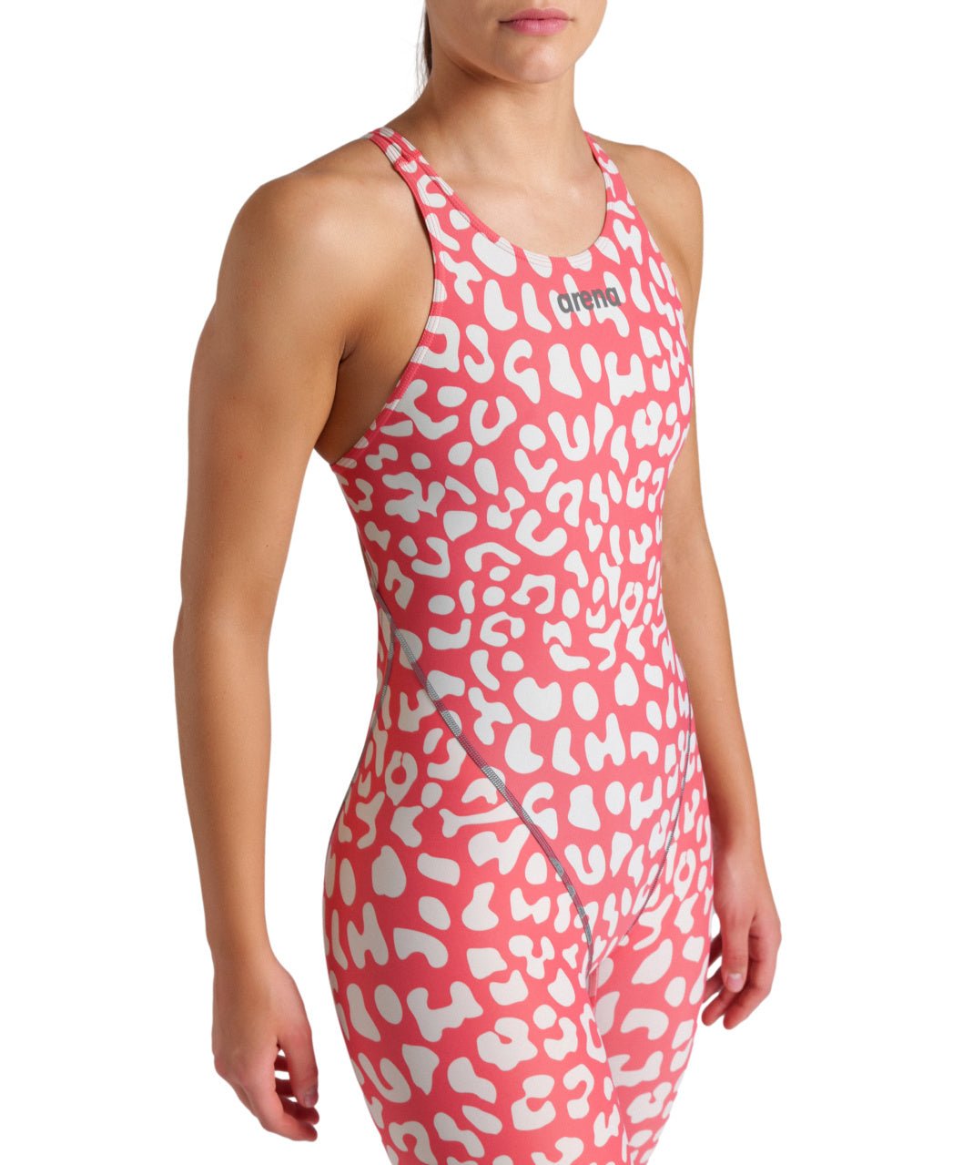 ARENA WOMENS LEOPARD SKIN GERANIUM POWERSKIN ST NEXT OPEN BACK KNEESUIT - Crimson