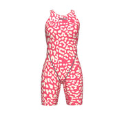 ARENA WOMENS LEOPARD SKIN GERANIUM POWERSKIN ST NEXT OPEN BACK KNEESUIT - Crimson