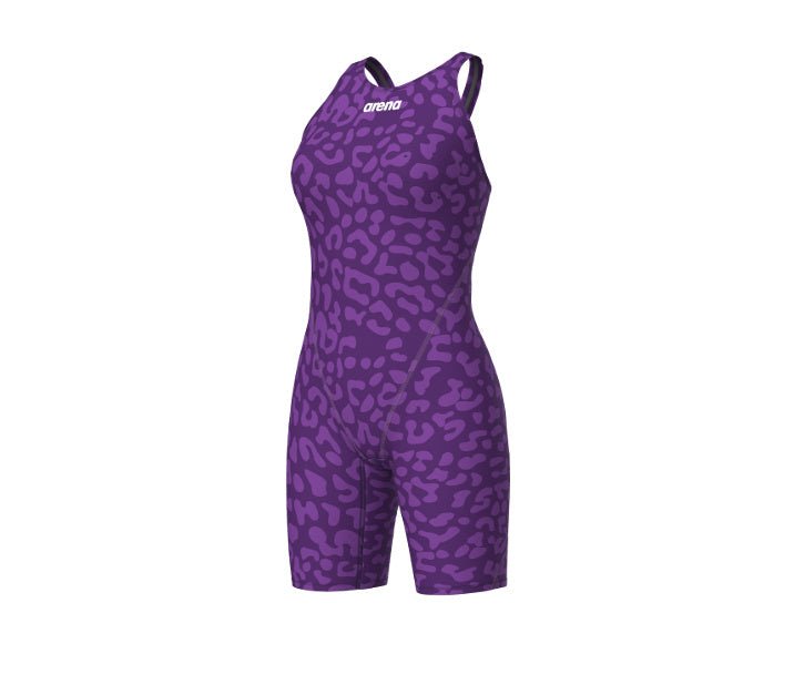 ARENA WOMENS LEOPARD SKIN VIOLET POWERSKIN ST NEXT OPEN BACK KNEESUIT - Purple