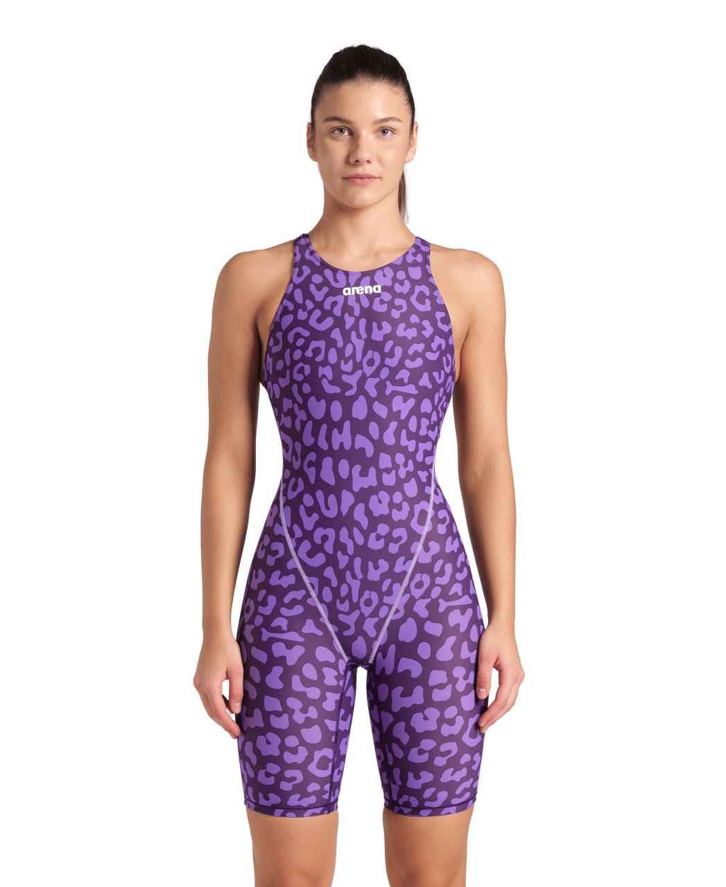 ARENA WOMENS LEOPARD SKIN VIOLET POWERSKIN ST NEXT OPEN BACK KNEESUIT - Purple