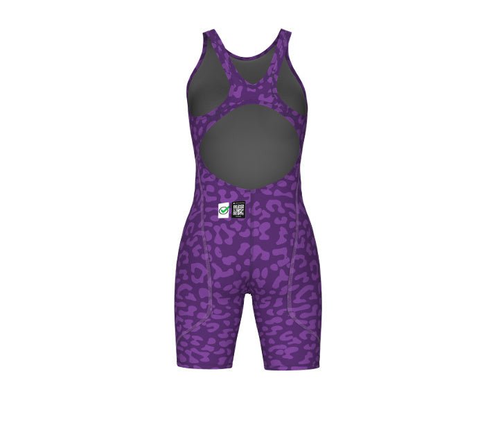 ARENA WOMENS LEOPARD SKIN VIOLET POWERSKIN ST NEXT OPEN BACK KNEESUIT - Purple