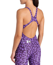 ARENA WOMENS LEOPARD SKIN VIOLET POWERSKIN ST NEXT OPEN BACK KNEESUIT - Purple