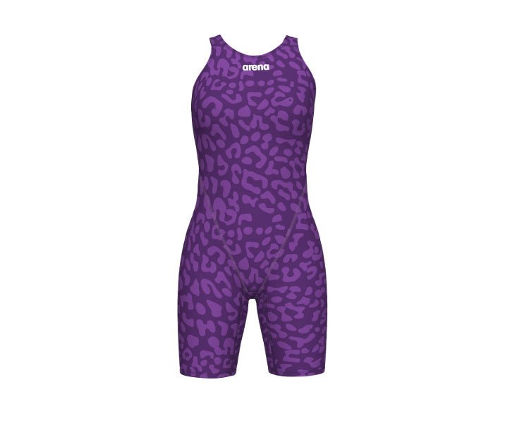 ARENA WOMENS LEOPARD SKIN VIOLET POWERSKIN ST NEXT OPEN BACK KNEESUIT - Purple